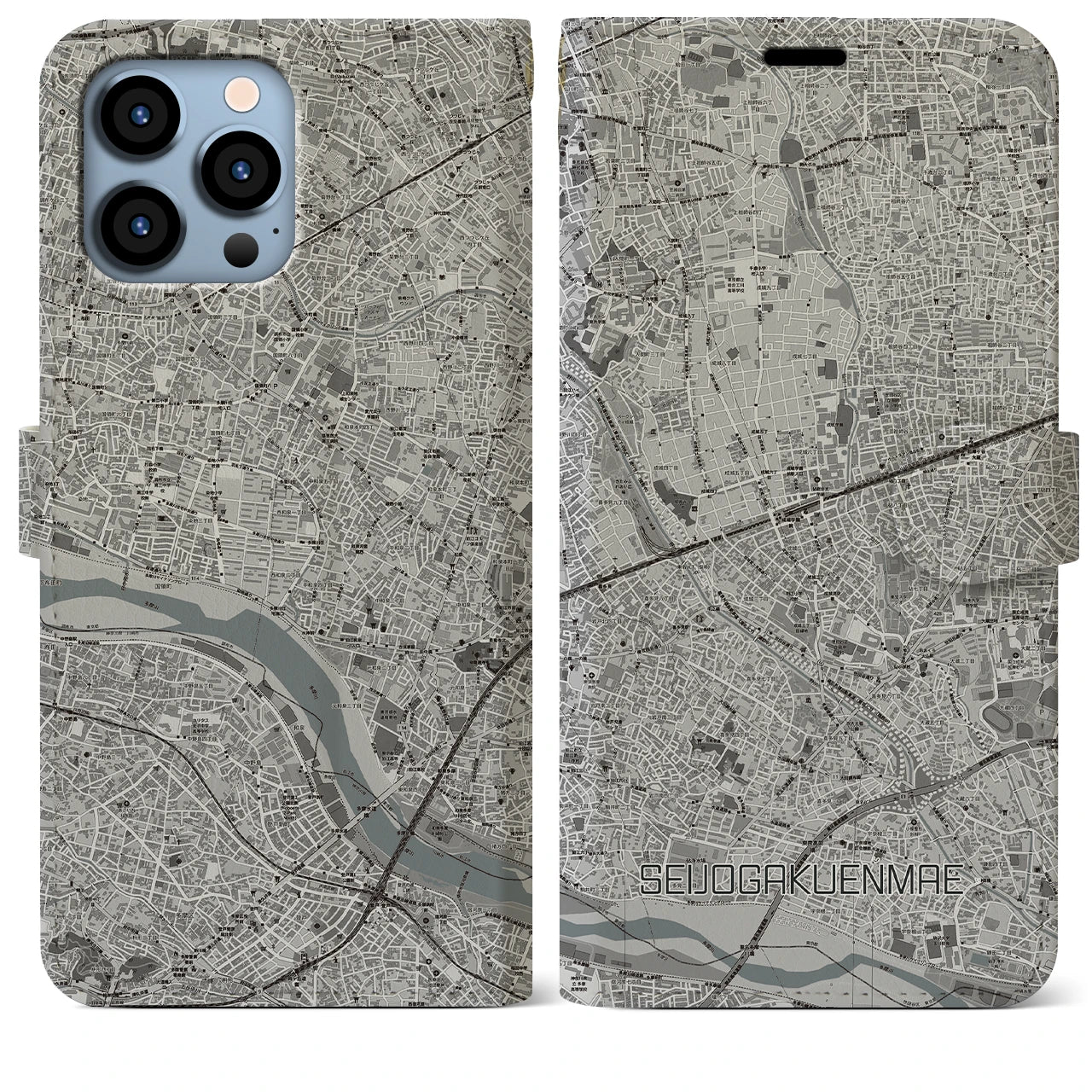 【成城学園前】地図柄iPhoneケース（手帳両面タイプ・モノトーン）iPhone 13 Pro Max 用