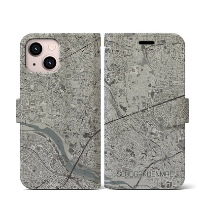 【成城学園前（東京都）】地図柄iPhoneケース（手帳タイプ）モノトーン・iPhone 13 mini 用