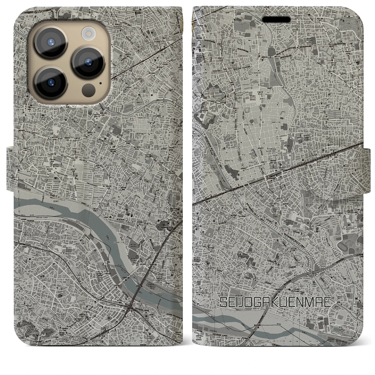 【成城学園前】地図柄iPhoneケース（手帳両面タイプ・モノトーン）iPhone 14 Pro Max 用