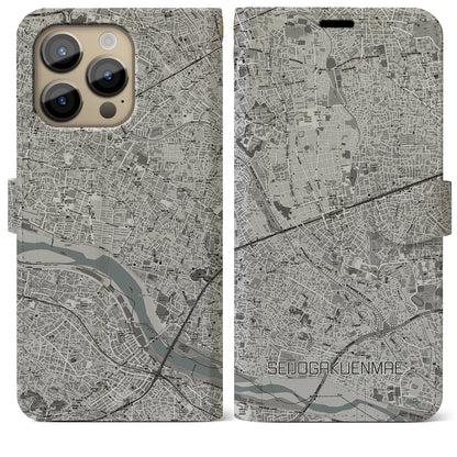 【成城学園前（東京都）】地図柄iPhoneケース（手帳タイプ）モノトーン・iPhone 14 Pro Max 用