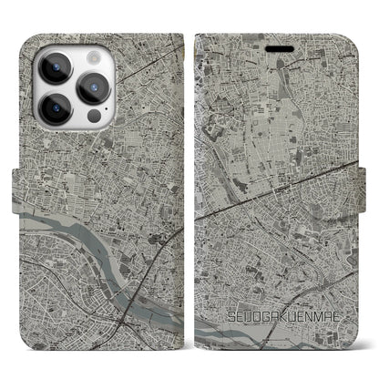 【成城学園前（東京都）】地図柄iPhoneケース（手帳タイプ）モノトーン・iPhone 14 Pro 用