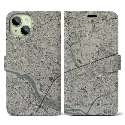 【成城学園前（東京都）】地図柄iPhoneケース（手帳タイプ）モノトーン・iPhone 15 用