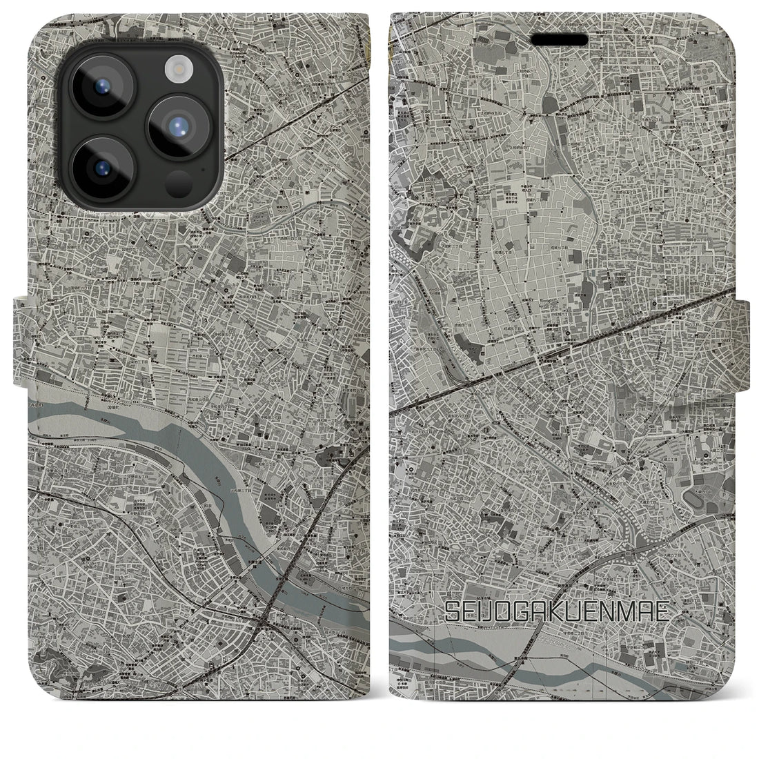 【成城学園前】地図柄iPhoneケース（手帳両面タイプ・モノトーン）iPhone 15 Pro Max 用