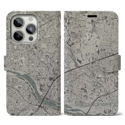 【成城学園前（東京都）】地図柄iPhoneケース（手帳タイプ）モノトーン・iPhone 15 Pro 用