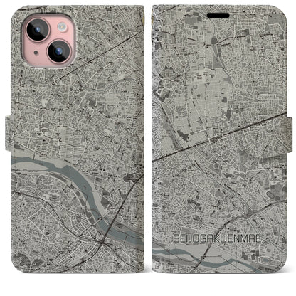 【成城学園前（東京都）】地図柄iPhoneケース（手帳タイプ）モノトーン・iPhone 15 Plus 用