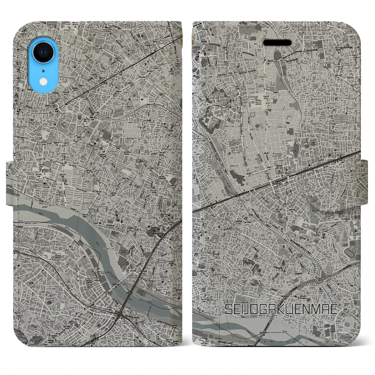 【成城学園前】地図柄iPhoneケース（手帳両面タイプ・モノトーン）iPhone XR 用