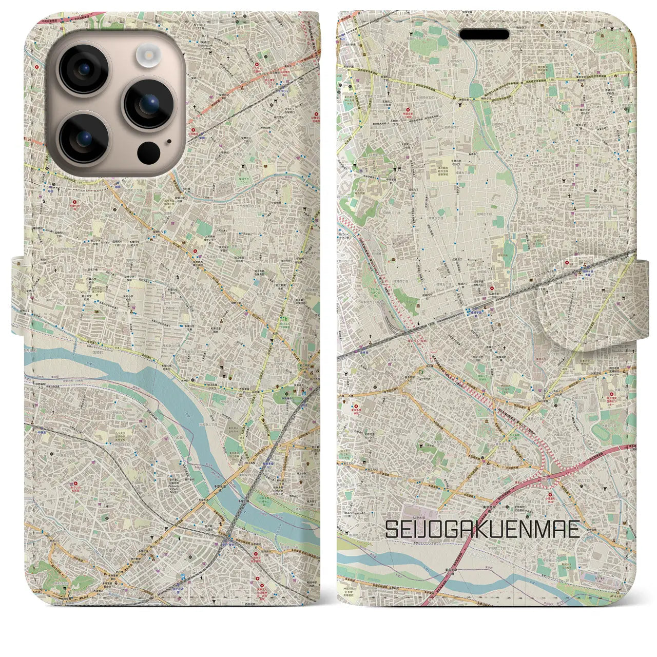 【成城学園前（東京都）】地図柄iPhoneケース（手帳タイプ）ナチュラル・iPhone 16 Plus 用