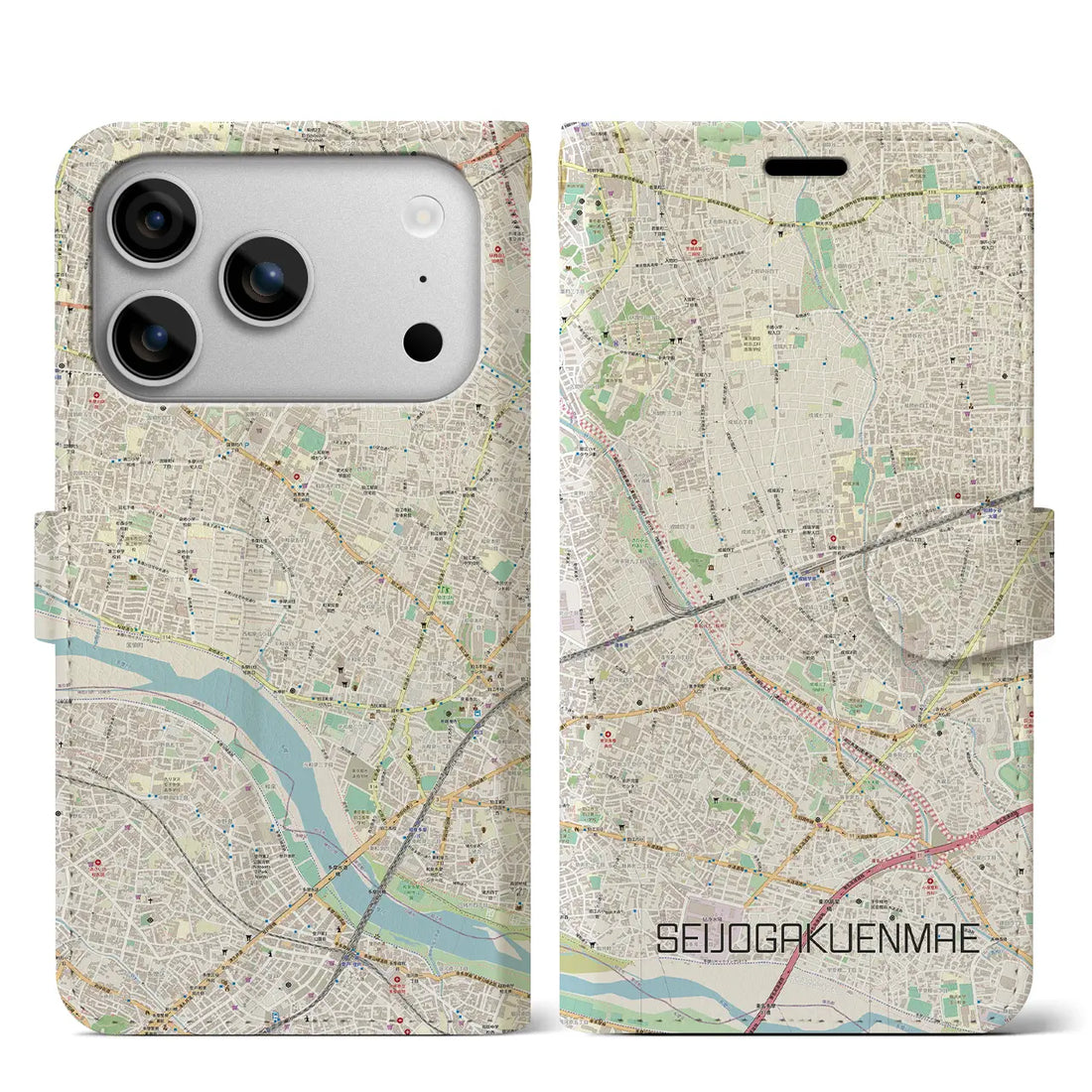 【成城学園前（東京都）】地図柄iPhoneケース（手帳タイプ）ナチュラル・iPhone 17 Pro Max 用