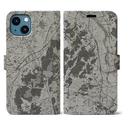 【精華（京都府）】地図柄iPhoneケース（手帳タイプ）モノトーン・iPhone 13 用