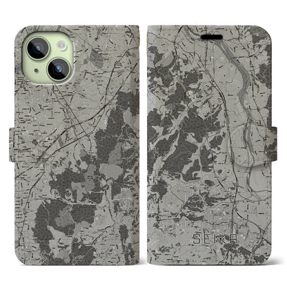 【精華（京都府）】地図柄iPhoneケース（手帳タイプ）モノトーン・iPhone 15 用