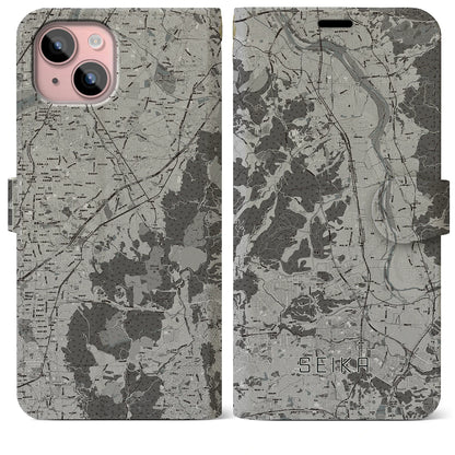 【精華（京都府）】地図柄iPhoneケース（手帳タイプ）モノトーン・iPhone 15 Plus 用