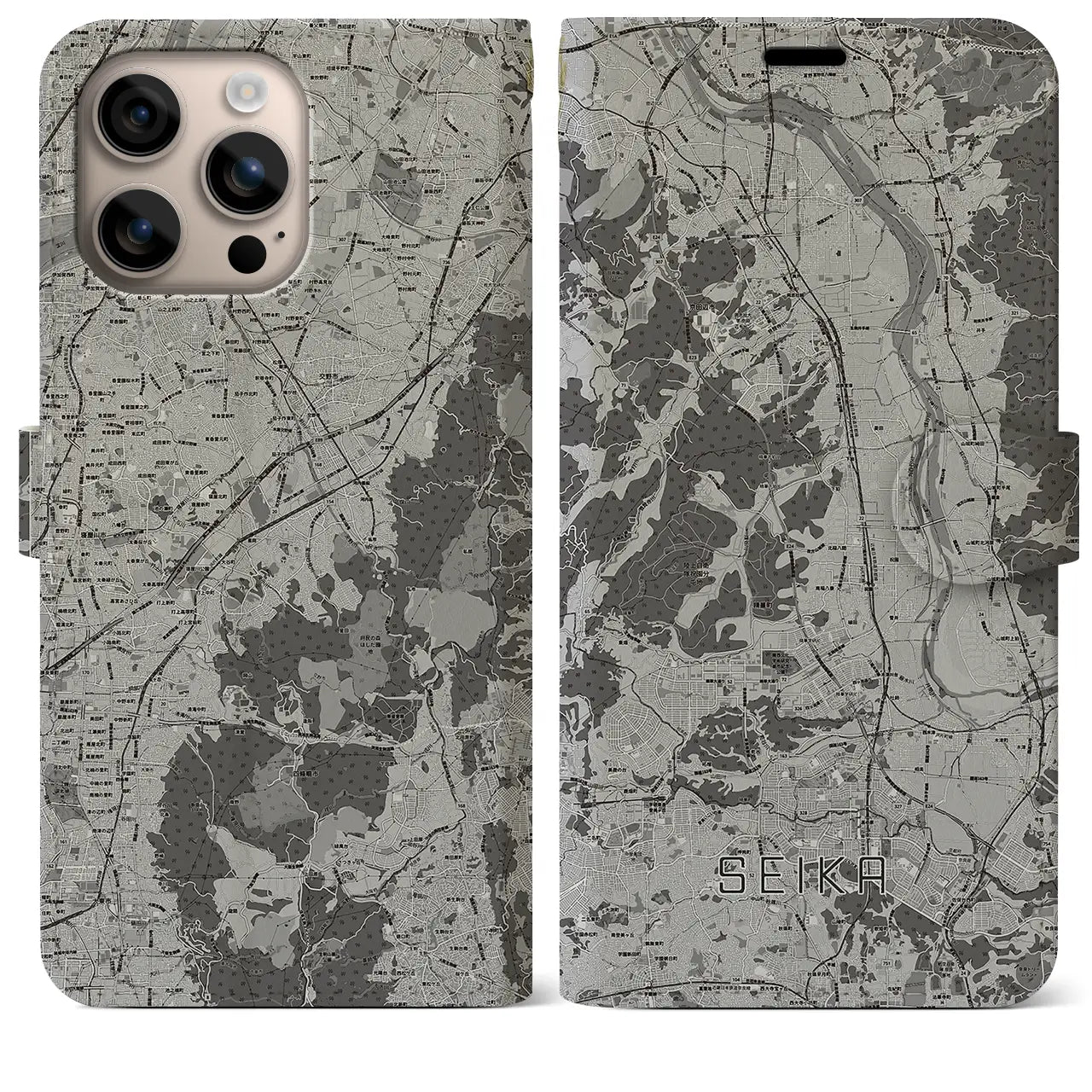 【精華（京都府）】地図柄iPhoneケース（手帳タイプ）モノトーン・iPhone 16 Plus 用