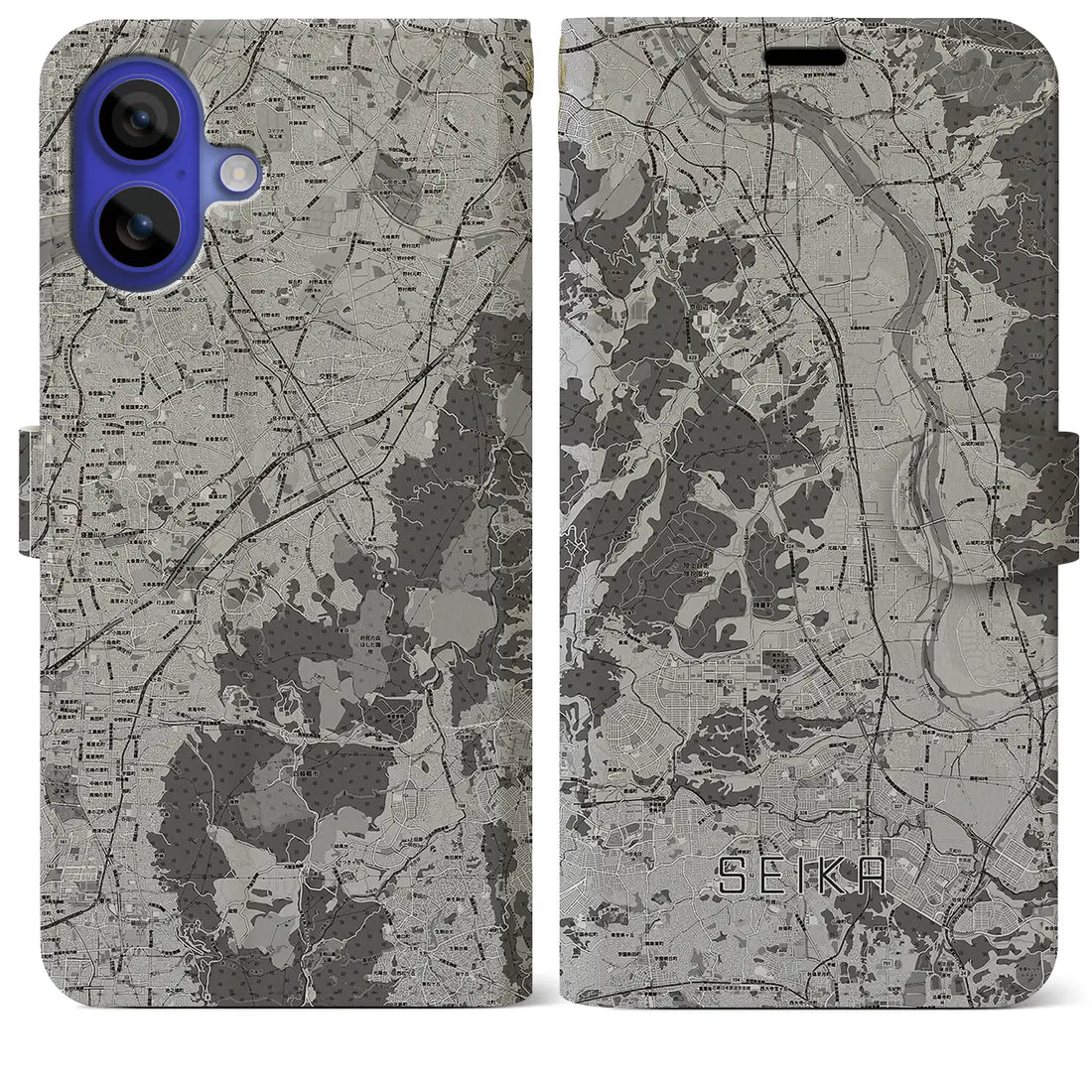 【精華(京都府)】地図柄iPhoneケース(手帳タイプ)モノトーン・iPhone 16 Pro Max 用