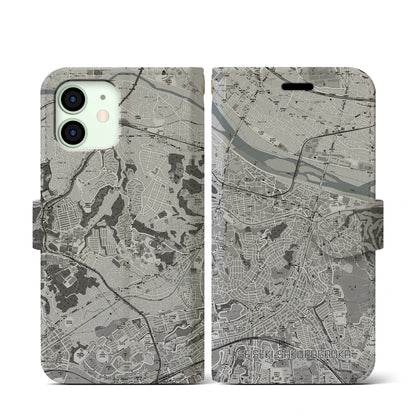 【聖蹟桜ヶ丘（東京都）】地図柄iPhoneケース（手帳タイプ）モノトーン・iPhone 12 mini 用