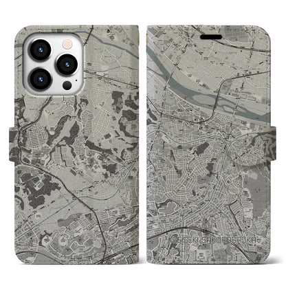 【聖蹟桜ヶ丘（東京都）】地図柄iPhoneケース（手帳タイプ）モノトーン・iPhone 13 Pro 用