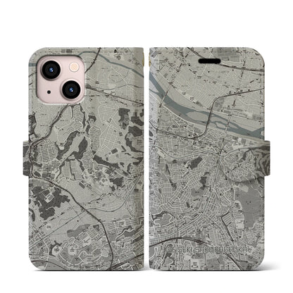 【聖蹟桜ヶ丘（東京都）】地図柄iPhoneケース（手帳タイプ）モノトーン・iPhone 13 mini 用