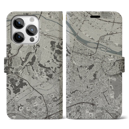 【聖蹟桜ヶ丘（東京都）】地図柄iPhoneケース（手帳タイプ）モノトーン・iPhone 14 Pro 用