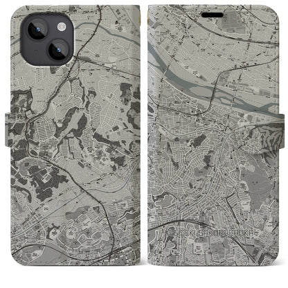 【聖蹟桜ヶ丘（東京都）】地図柄iPhoneケース（手帳タイプ）モノトーン・iPhone 14 Plus 用