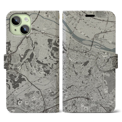 【聖蹟桜ヶ丘（東京都）】地図柄iPhoneケース（手帳タイプ）モノトーン・iPhone 15 用