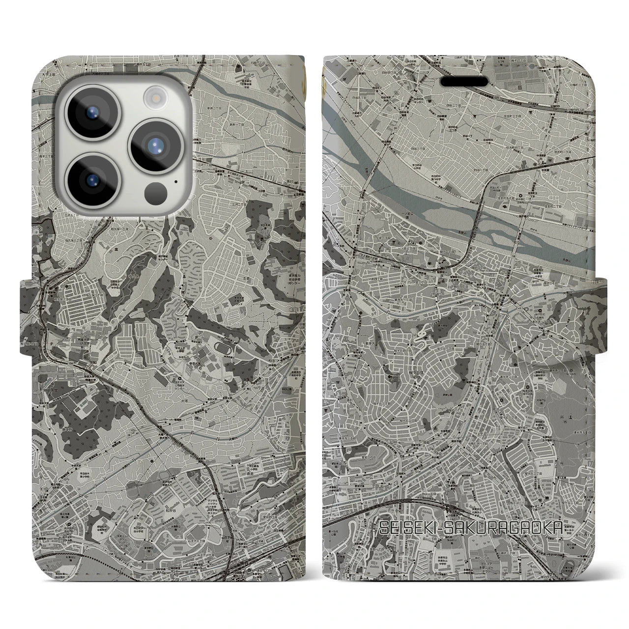 【聖蹟桜ヶ丘】地図柄iPhoneケース（手帳両面タイプ・モノトーン）iPhone 15 Pro 用