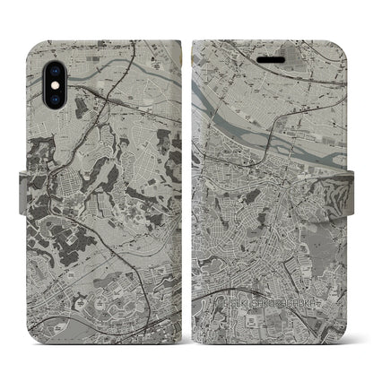 【聖蹟桜ヶ丘（東京都）】地図柄iPhoneケース（手帳タイプ）モノトーン・iPhone XS / X 用