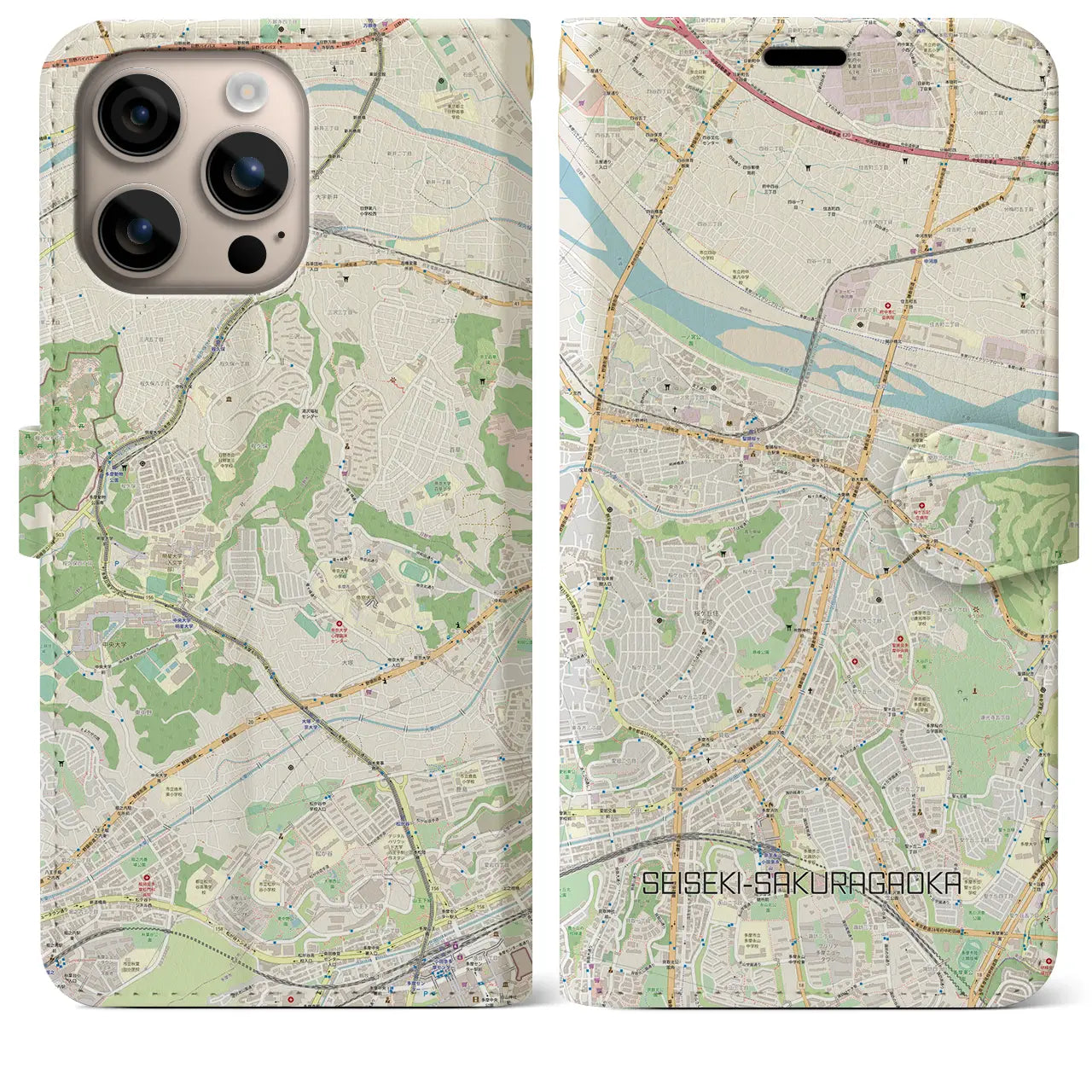 【聖蹟桜ヶ丘（東京都）】地図柄iPhoneケース（手帳タイプ）ナチュラル・iPhone 16 Plus 用