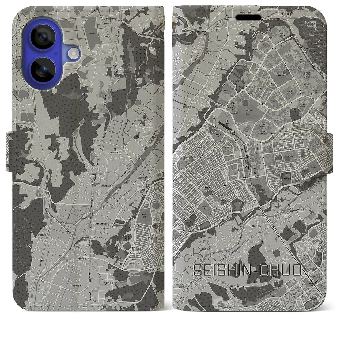 【西神中央(兵庫県)】地図柄iPhoneケース(手帳タイプ)モノトーン・iPhone 16 Pro Max 用