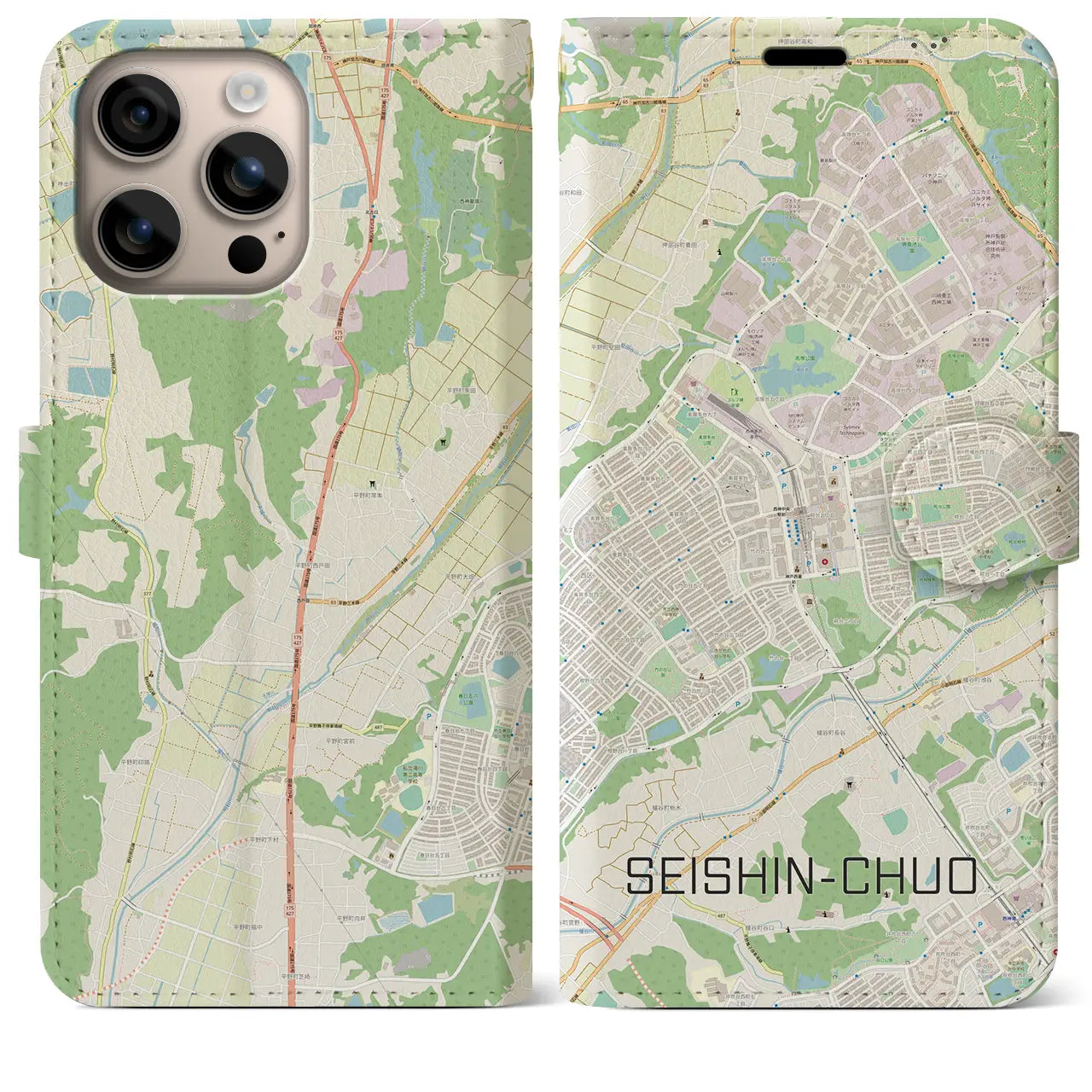 【西神中央（兵庫県）】地図柄iPhoneケース（手帳タイプ）ナチュラル・iPhone 16 Plus 用