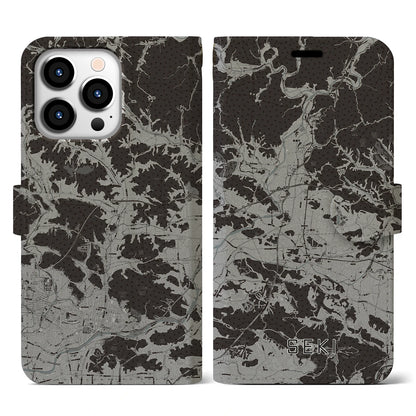 【関（岐阜県）】地図柄iPhoneケース（手帳タイプ）モノトーン・iPhone 13 Pro 用