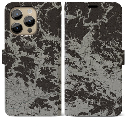【関（岐阜県）】地図柄iPhoneケース（手帳タイプ）モノトーン・iPhone 14 Pro Max 用