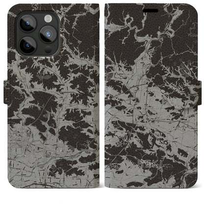 【関（岐阜県）】地図柄iPhoneケース（手帳タイプ）モノトーン・iPhone 15 Pro Max 用