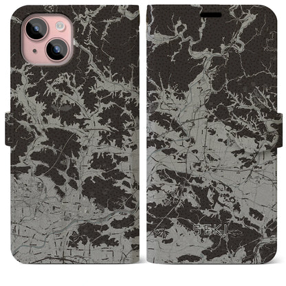 【関（岐阜県）】地図柄iPhoneケース（手帳タイプ）モノトーン・iPhone 15 Plus 用