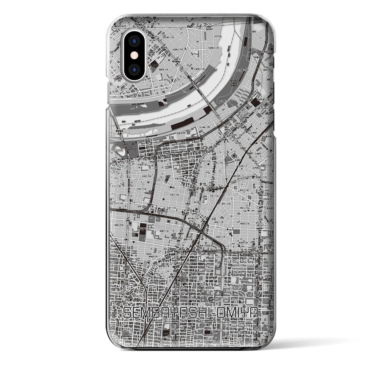 【千林大宮（大阪府）】地図柄iPhoneケース（クリアタイプ）モノトーン・iPhone XS Max 用