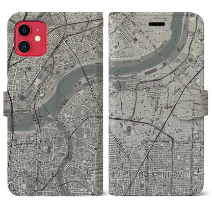【千林大宮（大阪府）】地図柄iPhoneケース（手帳タイプ）モノトーン・iPhone 11 用