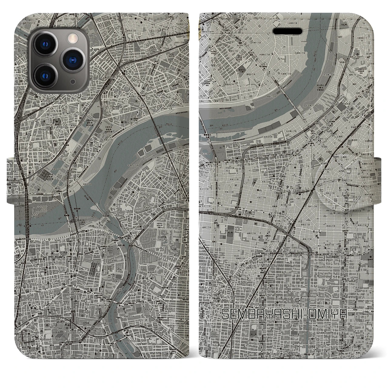 【千林大宮】地図柄iPhoneケース（手帳両面タイプ・モノトーン）iPhone 11 Pro Max 用