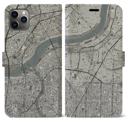【千林大宮（大阪府）】地図柄iPhoneケース（手帳タイプ）モノトーン・iPhone 11 Pro Max 用