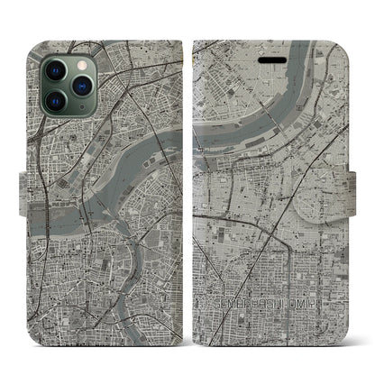 【千林大宮（大阪府）】地図柄iPhoneケース（手帳タイプ）モノトーン・iPhone 11 Pro 用