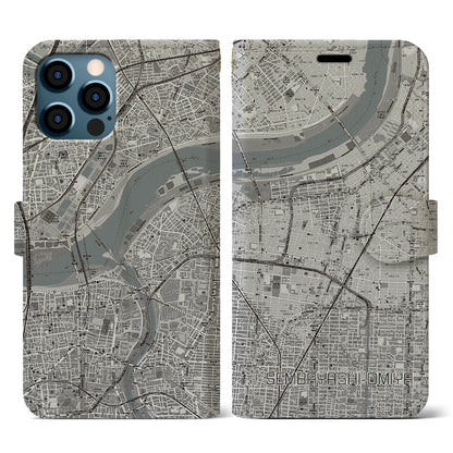 【千林大宮（大阪府）】地図柄iPhoneケース（手帳タイプ）モノトーン・iPhone 12 / 12 Pro 用