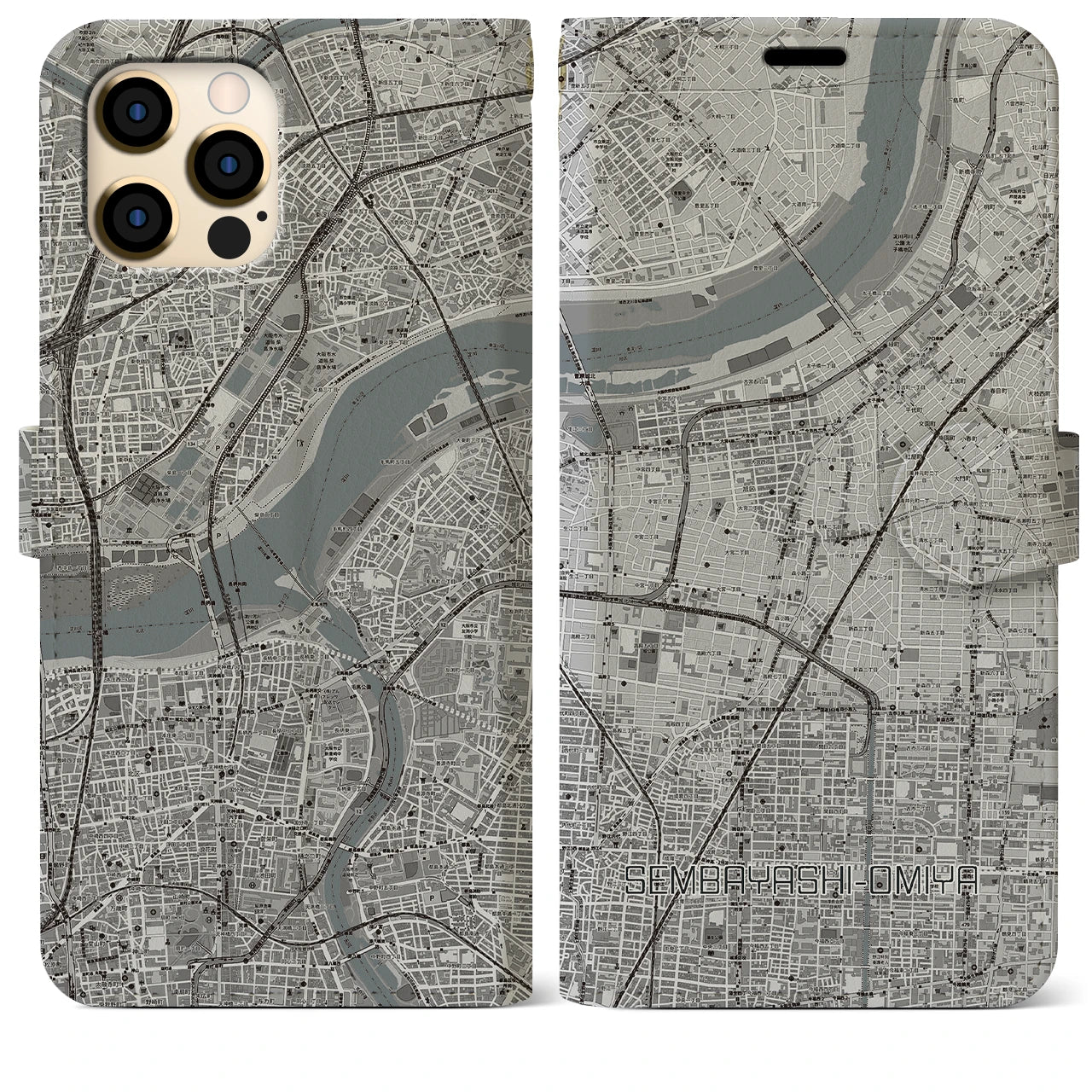 【千林大宮】地図柄iPhoneケース（手帳両面タイプ・モノトーン）iPhone 12 Pro Max 用