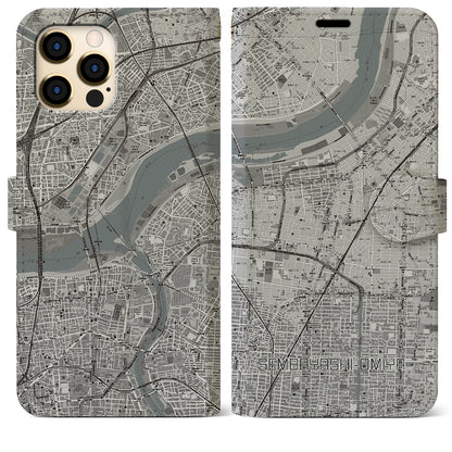 【千林大宮（大阪府）】地図柄iPhoneケース（手帳タイプ）モノトーン・iPhone 12 Pro Max 用