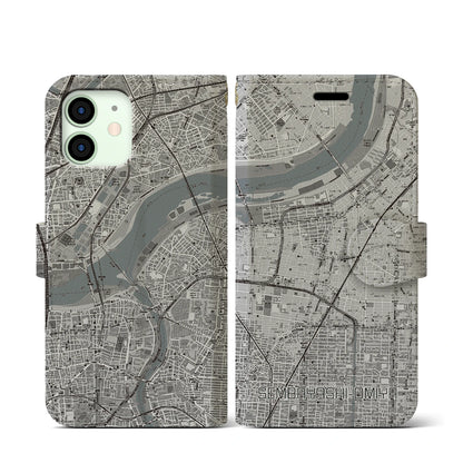 【千林大宮（大阪府）】地図柄iPhoneケース（手帳タイプ）モノトーン・iPhone 12 mini 用