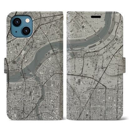 【千林大宮（大阪府）】地図柄iPhoneケース（手帳タイプ）モノトーン・iPhone 13 用