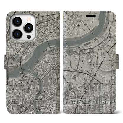 【千林大宮（大阪府）】地図柄iPhoneケース（手帳タイプ）モノトーン・iPhone 13 Pro 用