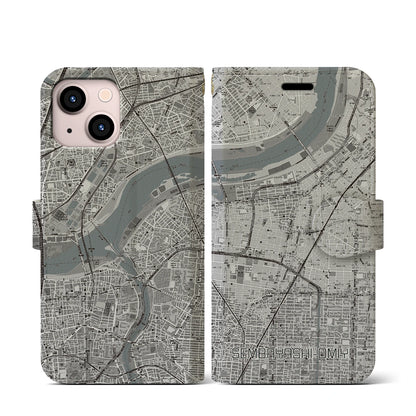 【千林大宮（大阪府）】地図柄iPhoneケース（手帳タイプ）モノトーン・iPhone 13 mini 用