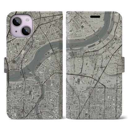 【千林大宮（大阪府）】地図柄iPhoneケース（手帳タイプ）モノトーン・iPhone 14 用