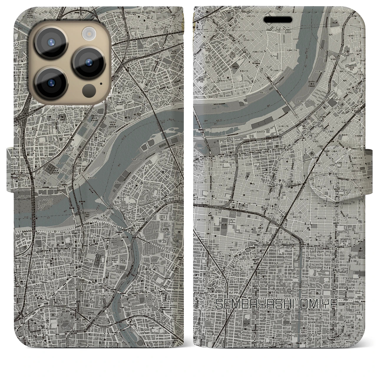 【千林大宮】地図柄iPhoneケース（手帳両面タイプ・モノトーン）iPhone 14 Pro Max 用