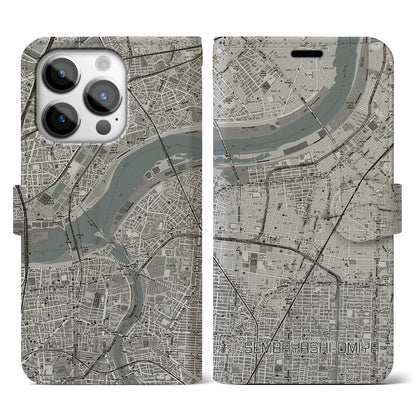 【千林大宮（大阪府）】地図柄iPhoneケース（手帳タイプ）モノトーン・iPhone 14 Pro 用