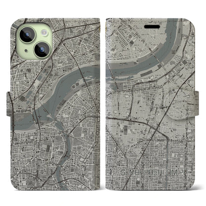 【千林大宮（大阪府）】地図柄iPhoneケース（手帳タイプ）モノトーン・iPhone 15 用