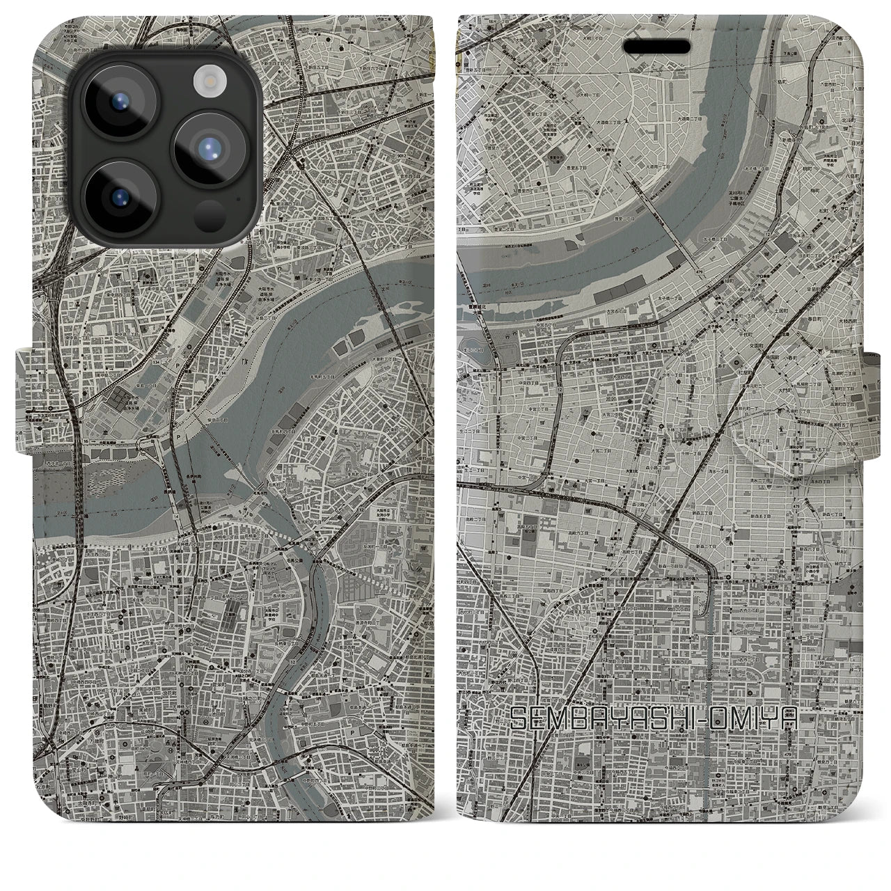 【千林大宮】地図柄iPhoneケース（手帳両面タイプ・モノトーン）iPhone 15 Pro Max 用
