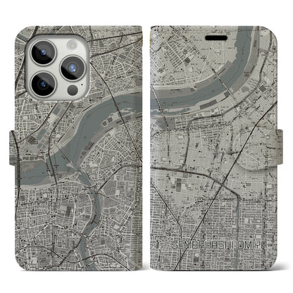 【千林大宮（大阪府）】地図柄iPhoneケース（手帳タイプ）モノトーン・iPhone 15 Pro 用